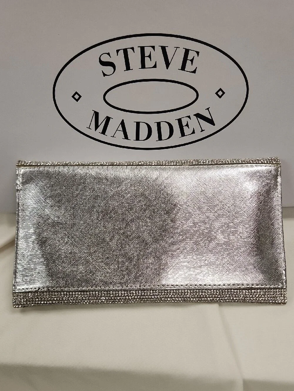 👛 Steve Madden Silver Crystal Envelope Clutch with Shimmer Rhinestones